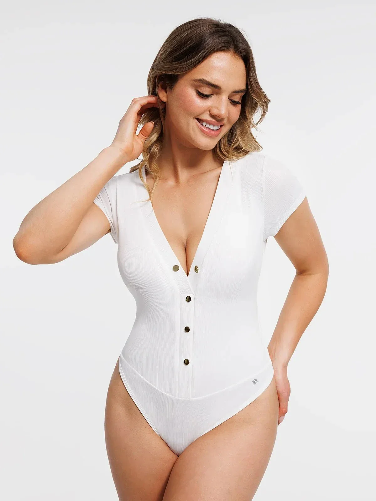 Shapewear Deep V-Neck Button Front Sculpting Bodysuit - Image 9