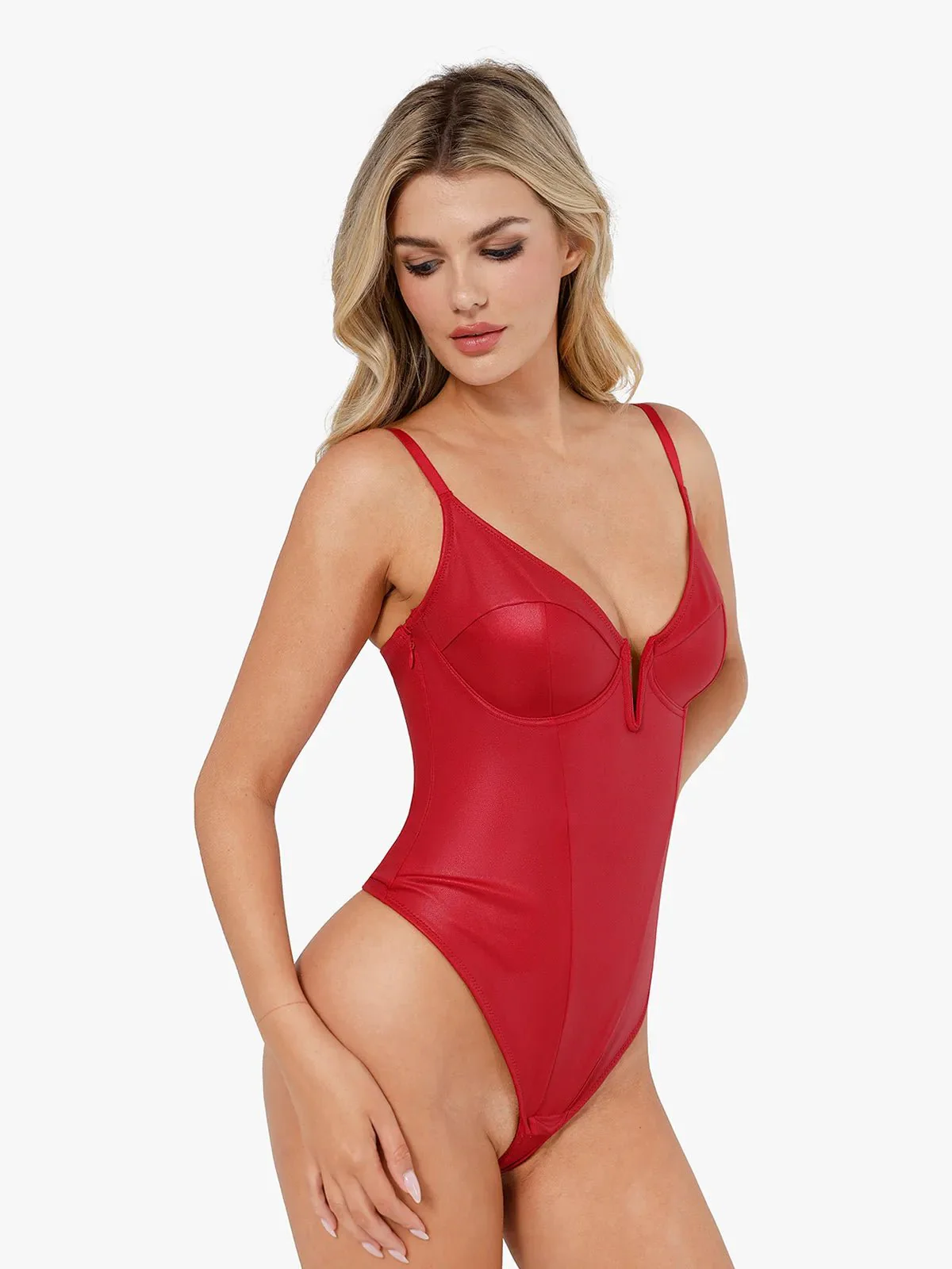 Shapewear Deep V-Neck Leather Bodysuit Slit Midi Skirt Set - Image 11