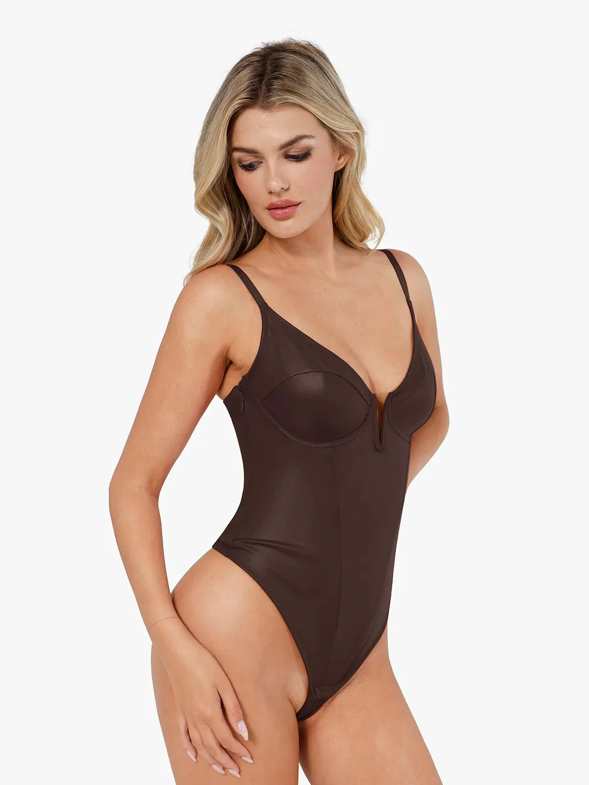Shapewear Deep V-Neck Leather Bodysuit Slit Midi Skirt Set - Image 19