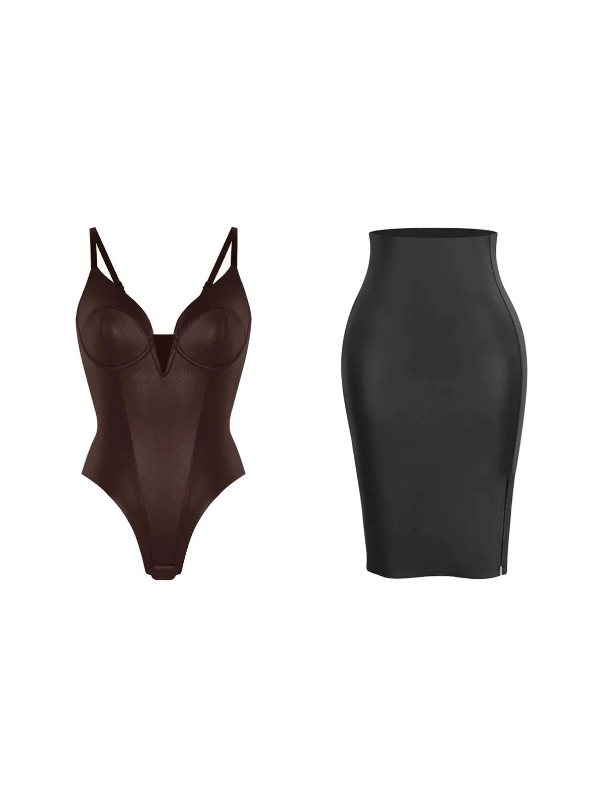 Shapewear Deep V-Neck Leather Bodysuit Slit Midi Skirt Set - Image 3