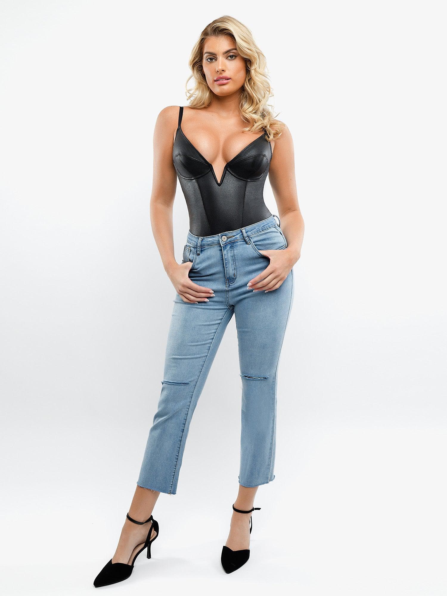 Shapewear Deep V-Neck Leather Bodysuit Slit Midi Skirt Set - Image 8