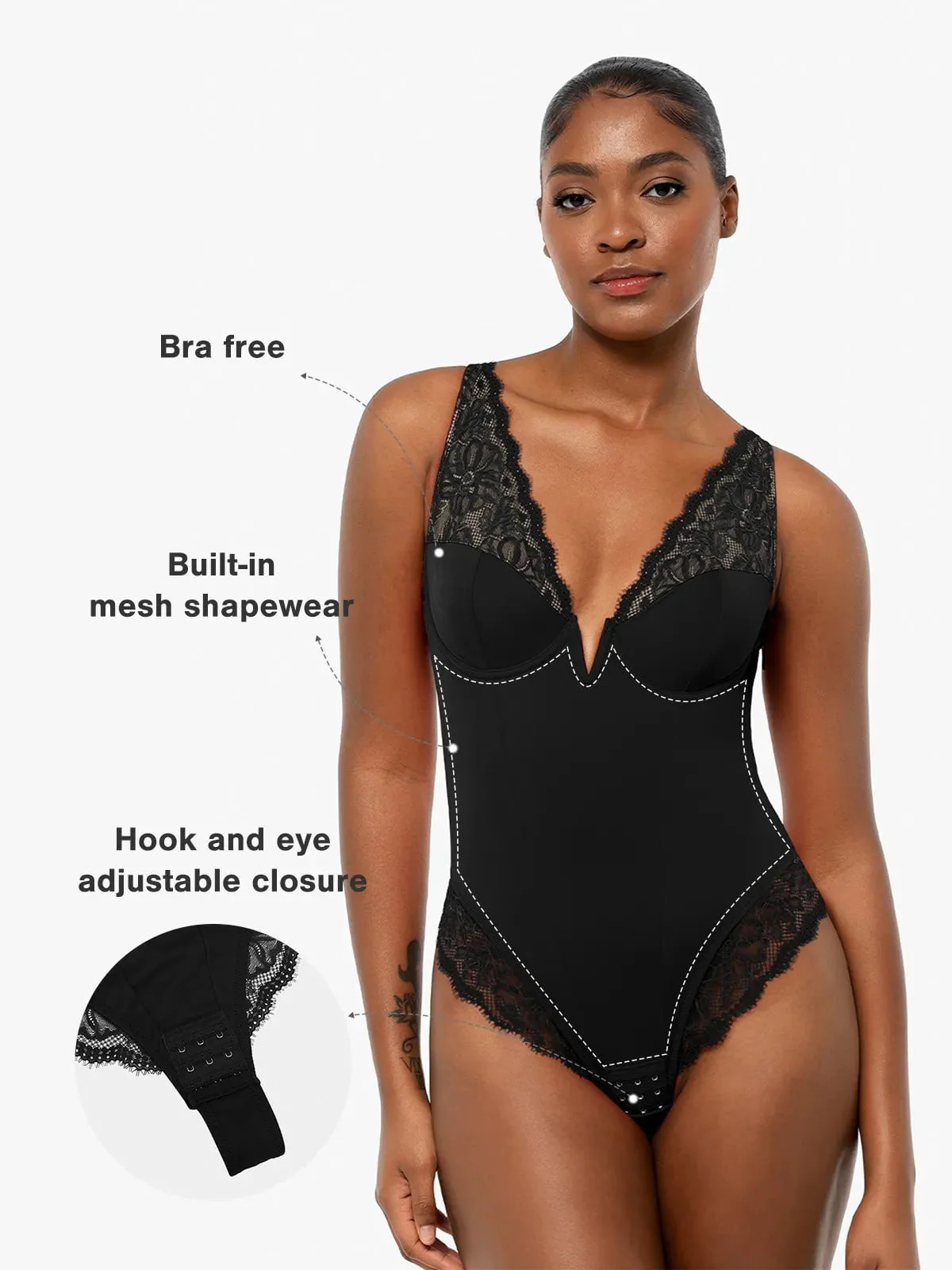 Shapewear Deep V-Neck Sculpting Lace Inset Bodysuit - Image 9