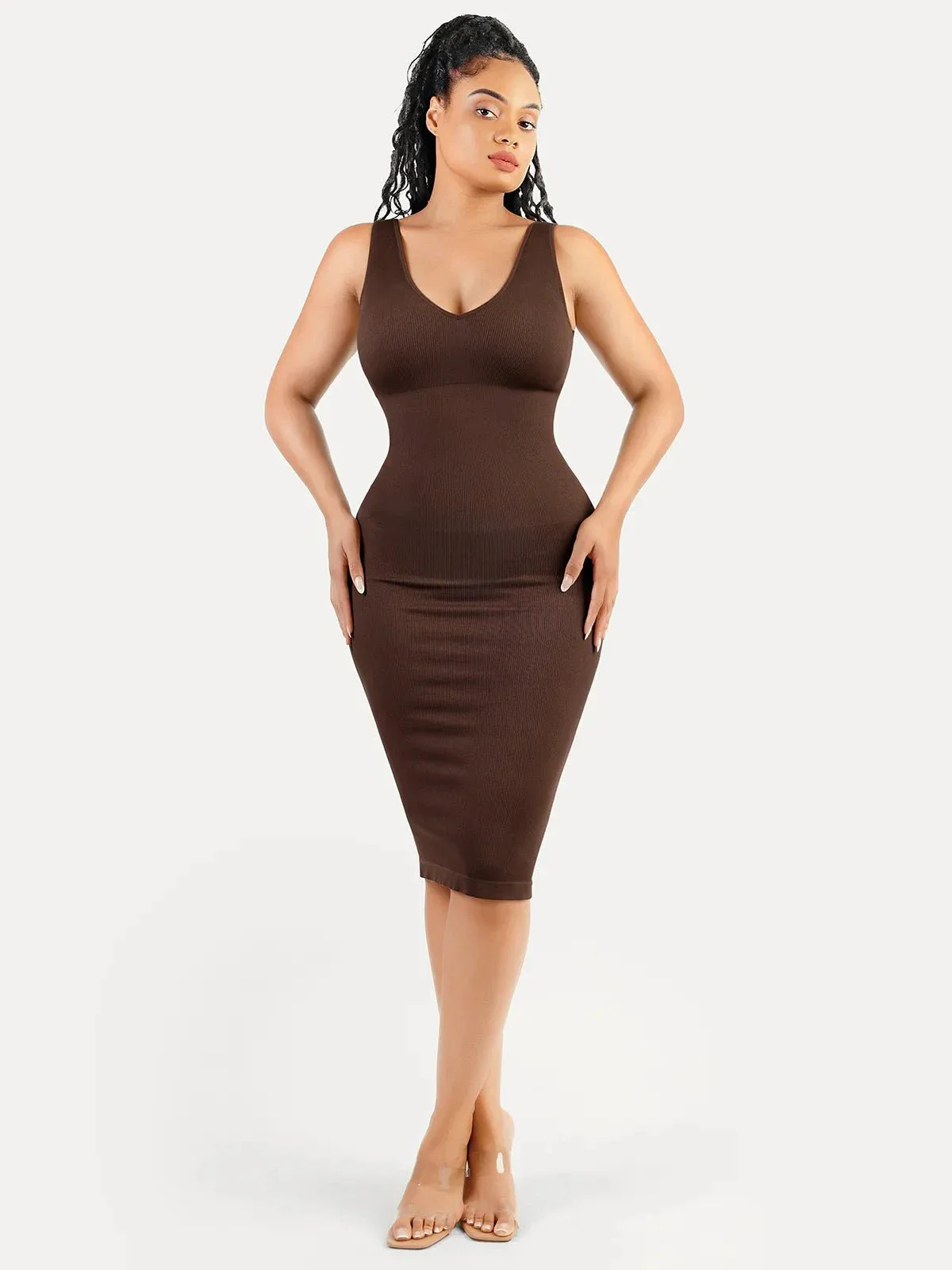 Shapewear Deep V-Neck Tummy Control Midi Dress - Image 19