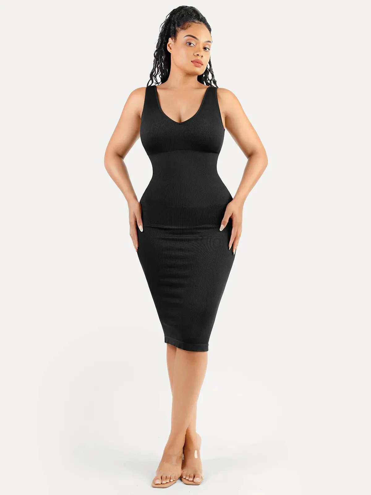 Shapewear Deep V-Neck Tummy Control Midi Dress - Image 8
