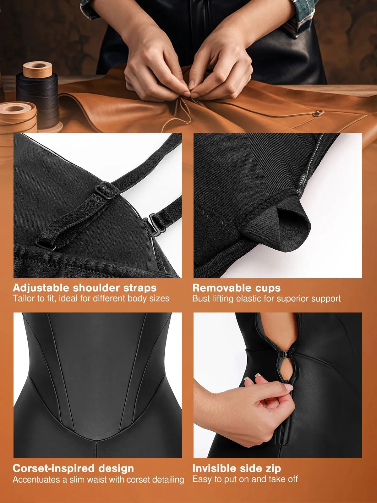 Shapewear Faux Leather Corset Bodice Slimming Jumpsuit - Image 19