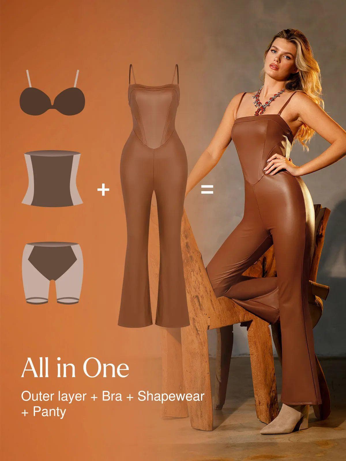 Shapewear Faux Leather Corset Jumpsuit Set - Image 17