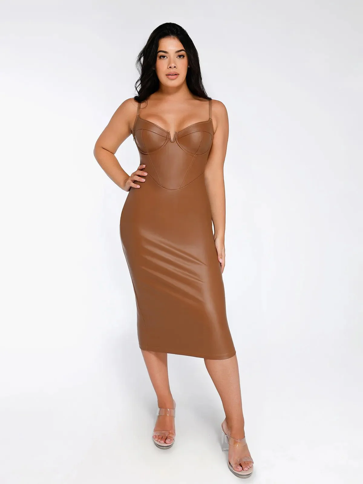 Shapewear Faux Leather Corset Midi Dress Bolero Jacket Set - Image 13