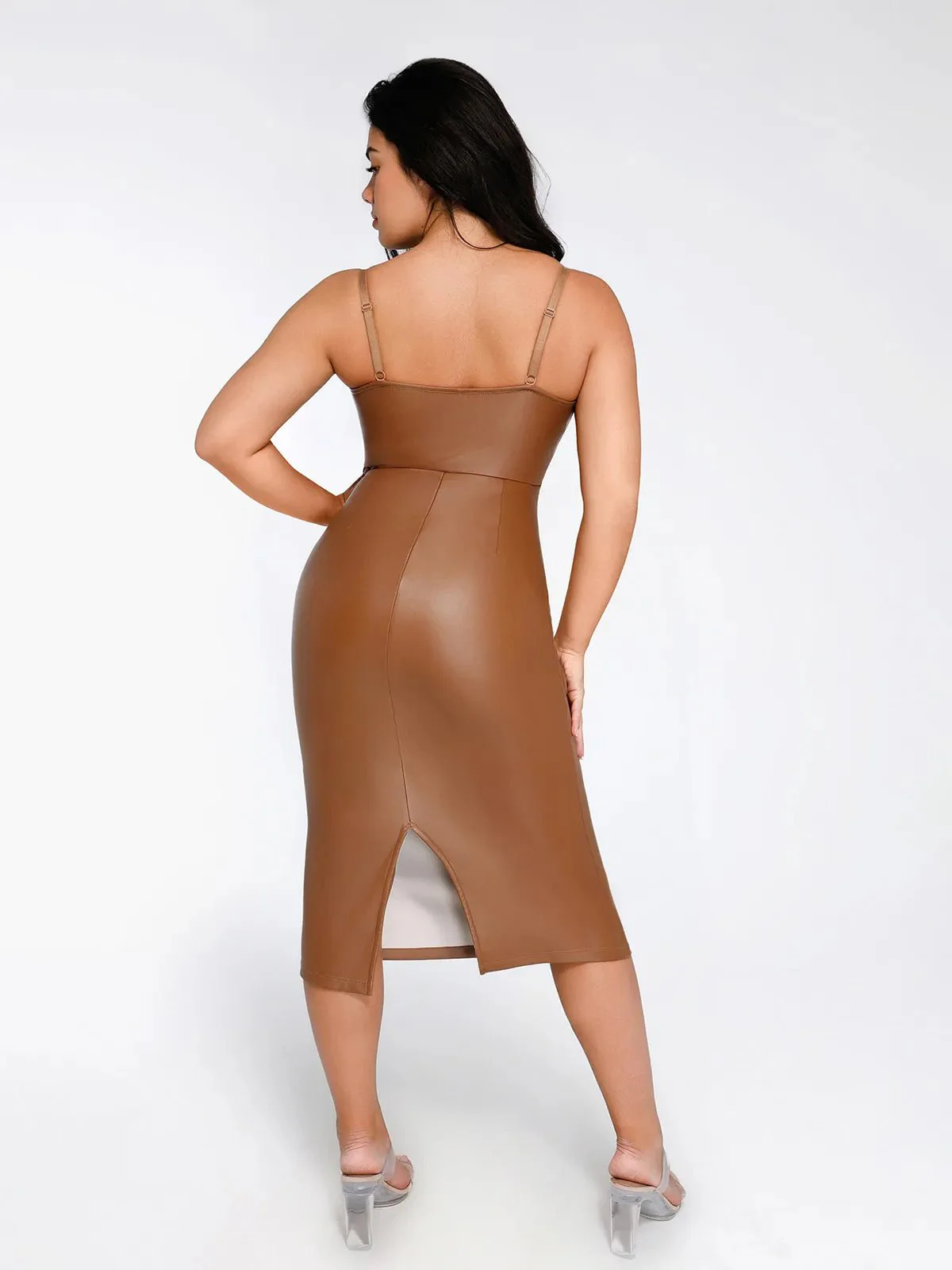 Shapewear Faux Leather Corset Midi Dress Bolero Jacket Set - Image 15
