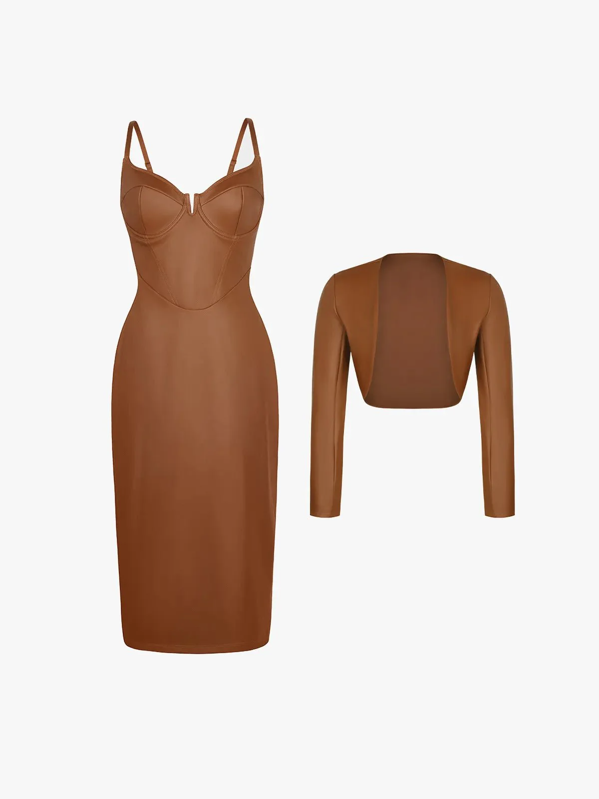 Shapewear Faux Leather Corset Midi Dress Bolero Jacket Set - Image 5