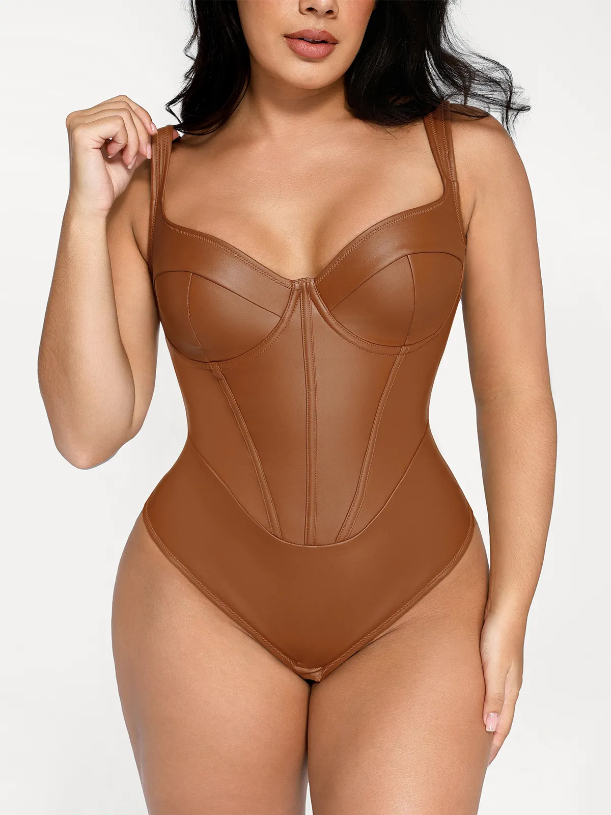 Shapewear Faux Leather Hourglass Corset Bodysuit - Image 16