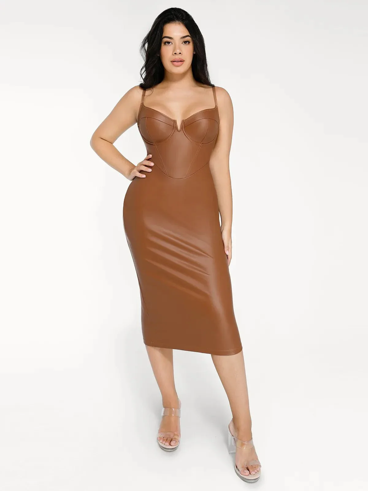 Shapewear Faux Leather Hourglass Corset Midi Dress - Image 10