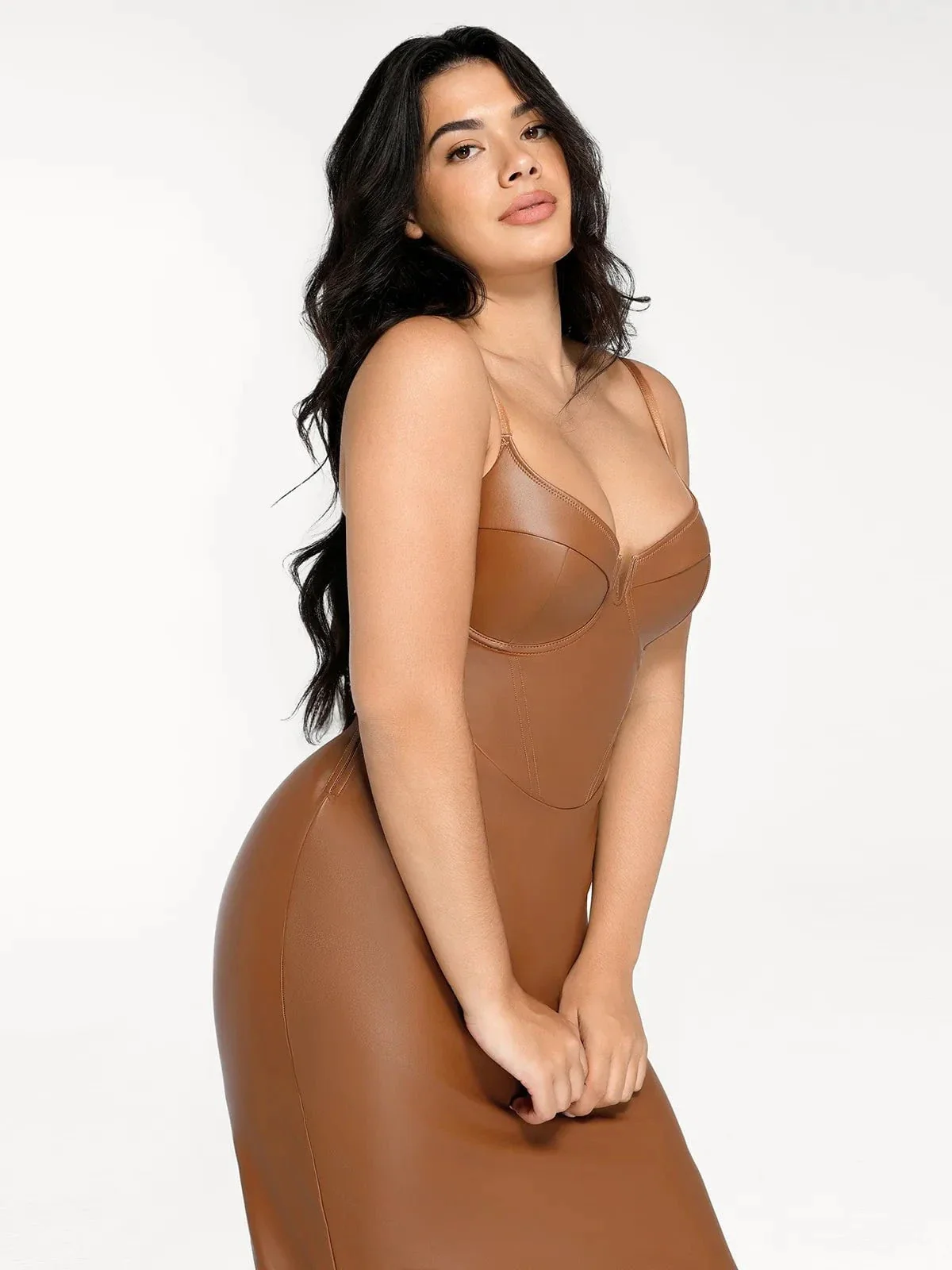 Shapewear Faux Leather Hourglass Corset Midi Dress - Image 17
