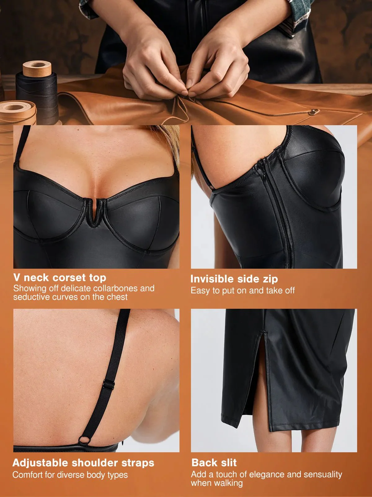 Shapewear Faux Leather Hourglass Corset Midi Dress - Image 5