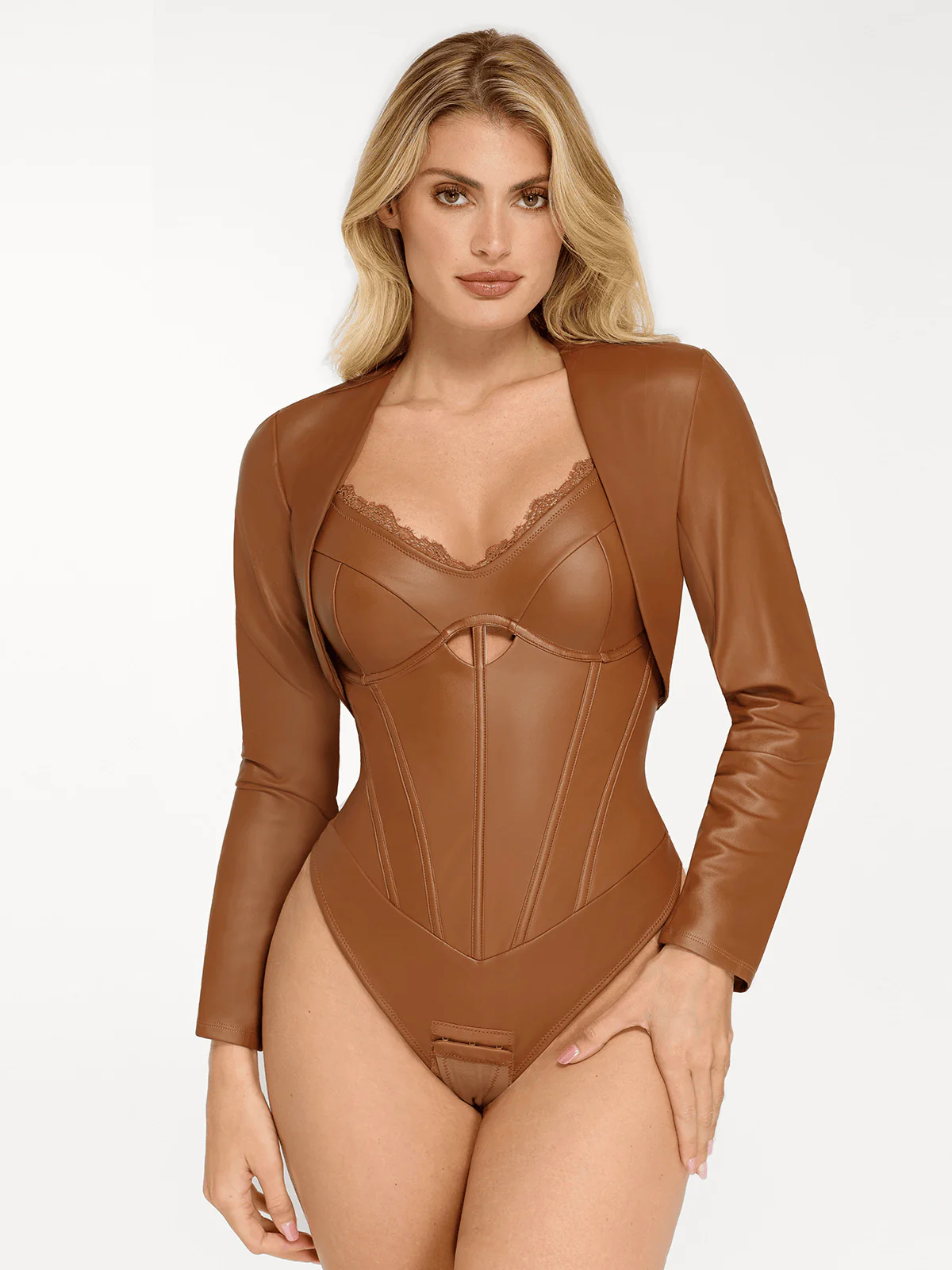 Shapewear Faux Leather Hourglass Cutout Corset Bodysuit - Image 25