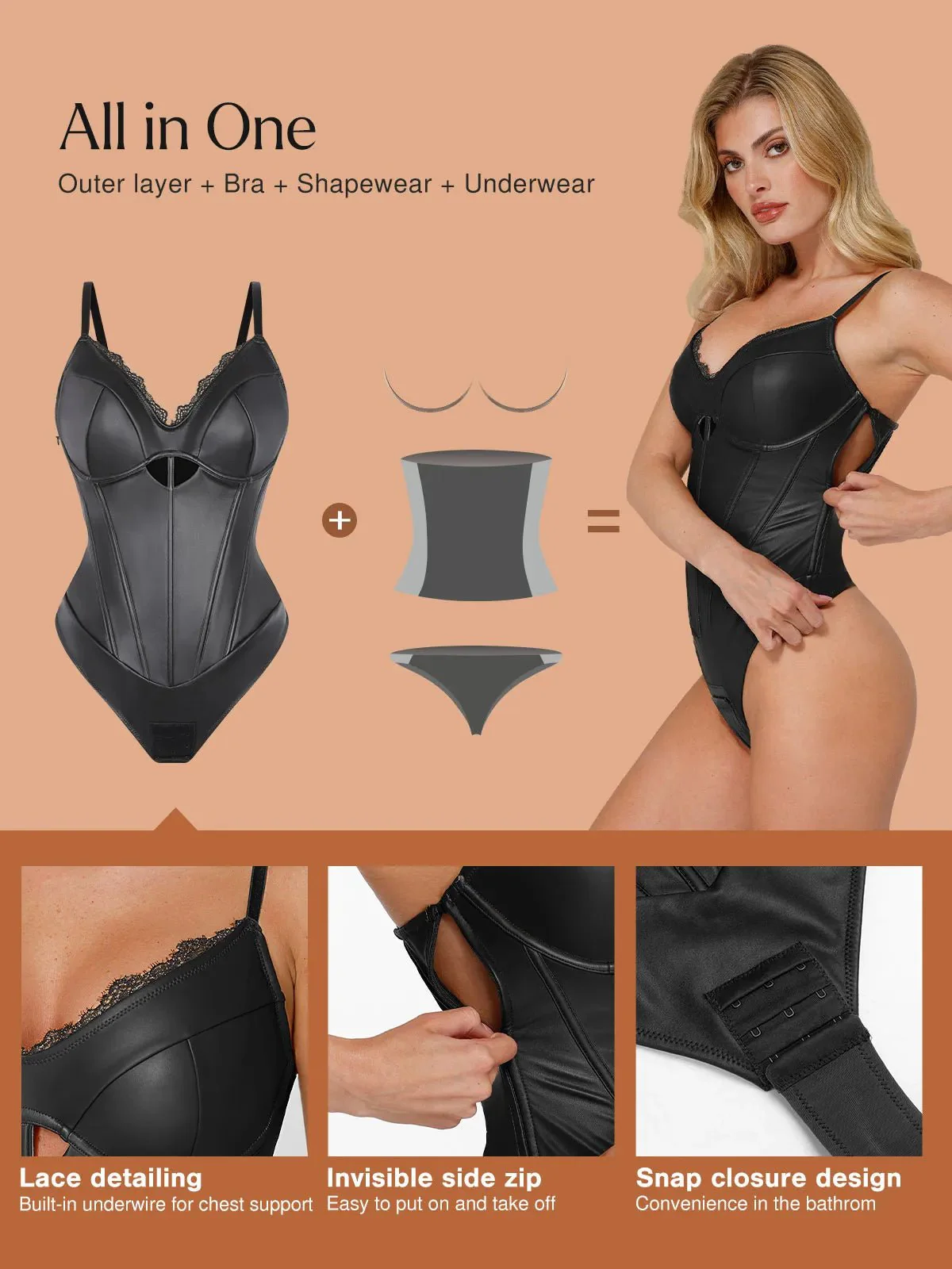 Shapewear Faux Leather Hourglass Cutout Corset Bodysuit - Image 4