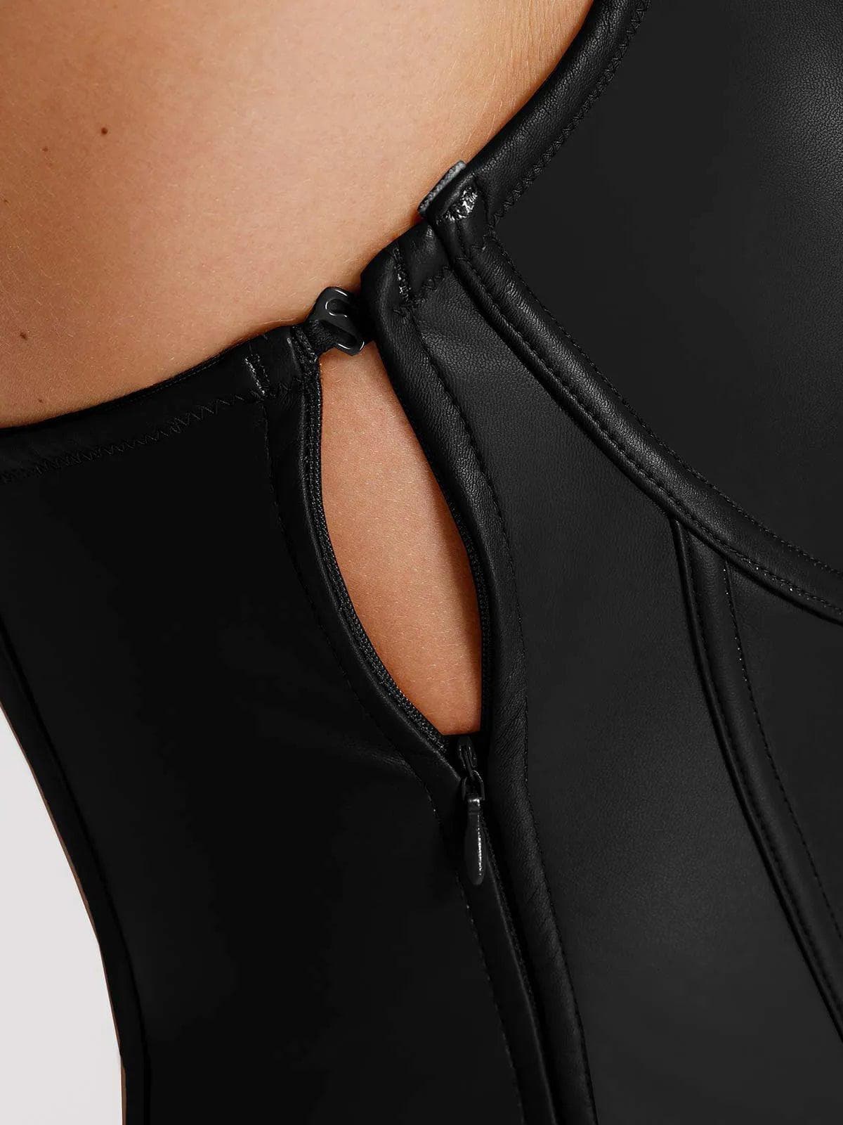Shapewear Faux Leather Hourglass Cutout Corset Bodysuit Butt Lifting Skirt Set - Image 10
