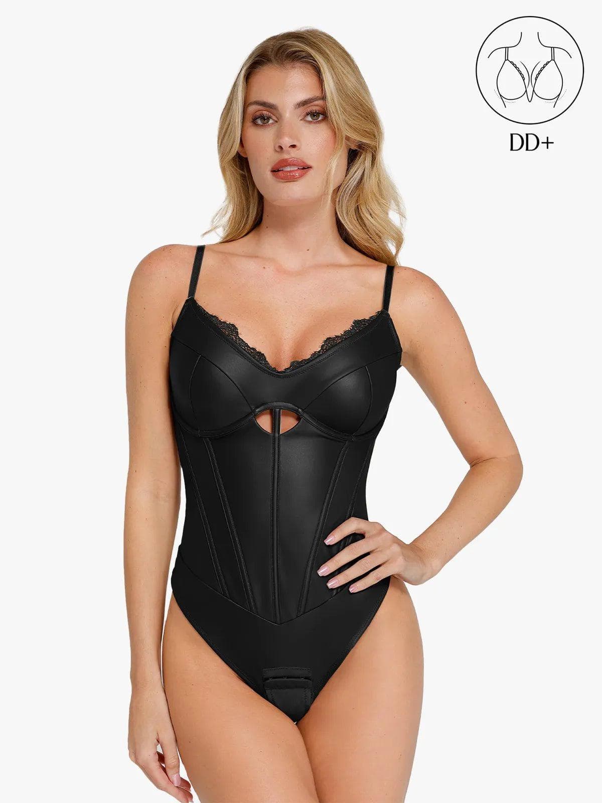 Shapewear Faux Leather Hourglass Cutout Corset Bodysuit Butt Lifting Skirt Set - Image 2