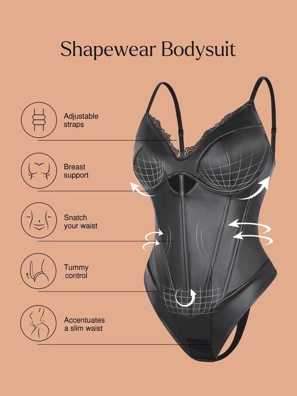 Shapewear Faux Leather Hourglass Cutout Corset Bodysuit Butt Lifting Skirt Set - Image 3