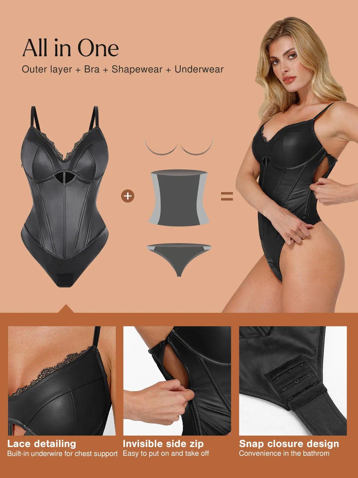 Shapewear Faux Leather Hourglass Cutout Corset Bodysuit Butt Lifting Skirt Set - Image 4