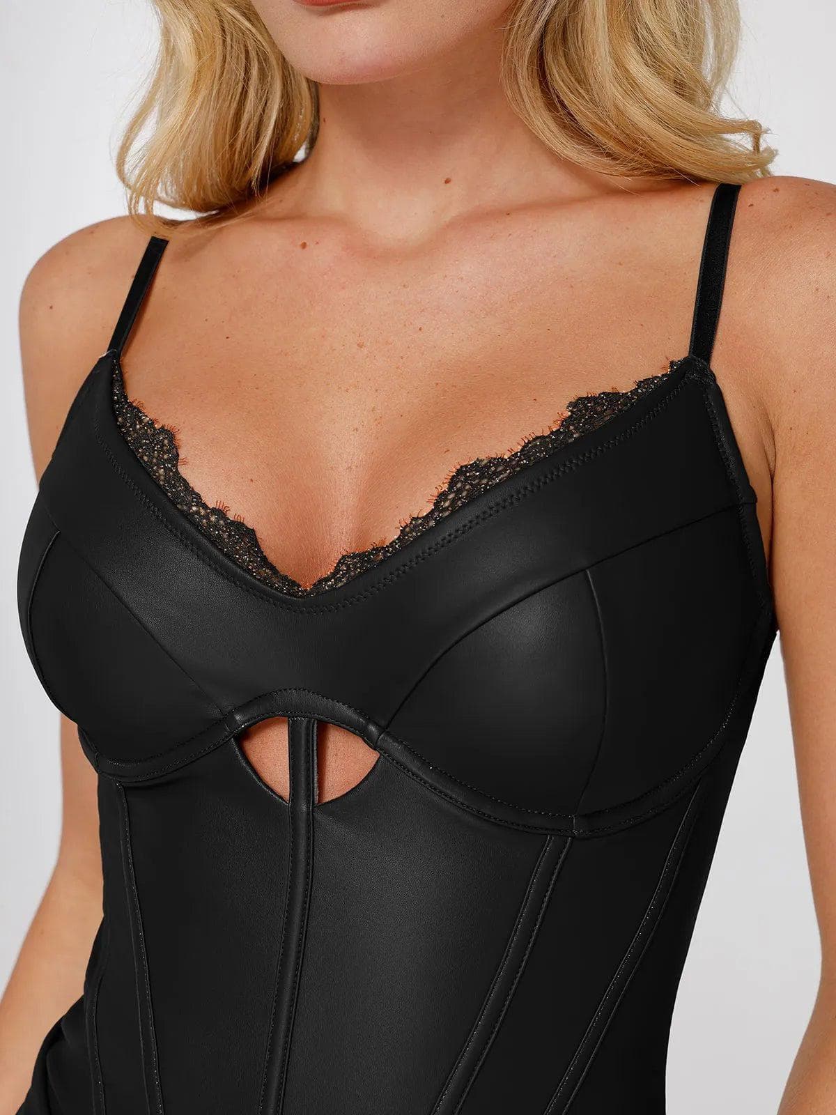 Shapewear Faux Leather Hourglass Cutout Corset Bodysuit Butt Lifting Skirt Set - Image 9