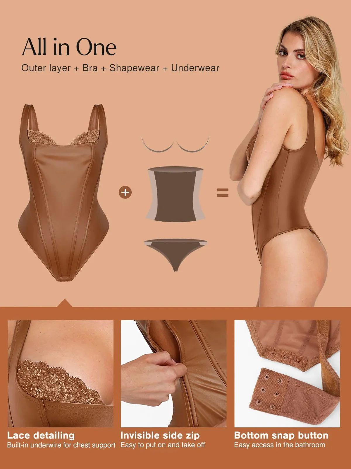 Shapewear Faux Leather Lace Balconette Tummy Control Bodysuit - Image 19