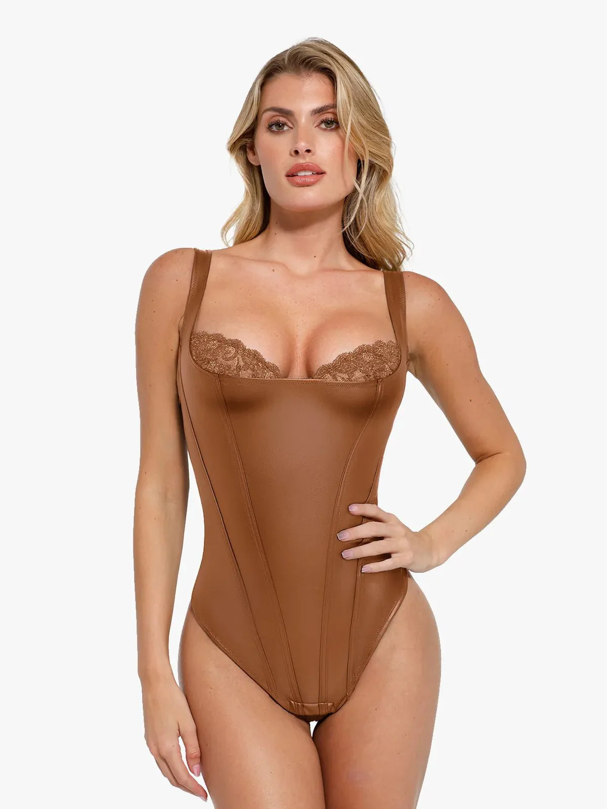 Shapewear Faux Leather Lace Balconette Tummy Control Bodysuit - Image 23