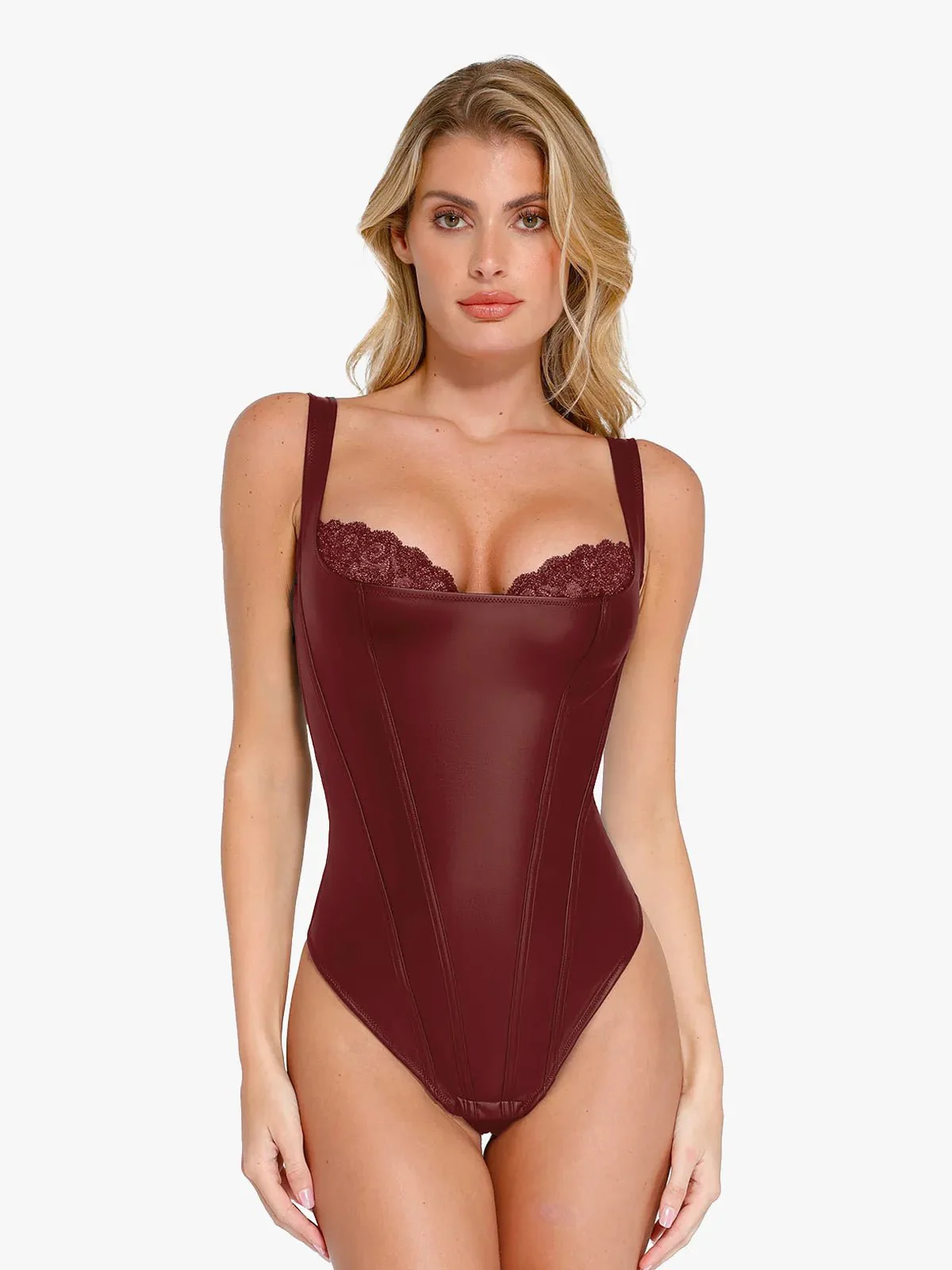 Shapewear Faux Leather Lace Balconette Tummy Control Bodysuit - Image 24