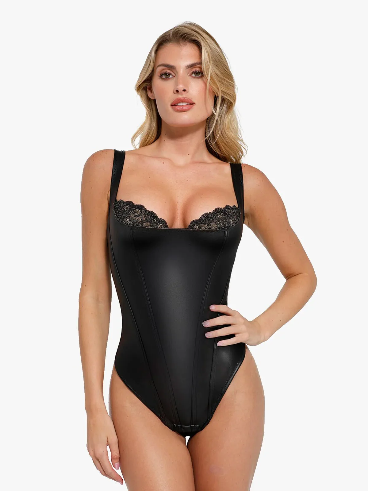 Shapewear Faux Leather Lace Balconette Tummy Control Bodysuit - Image 8