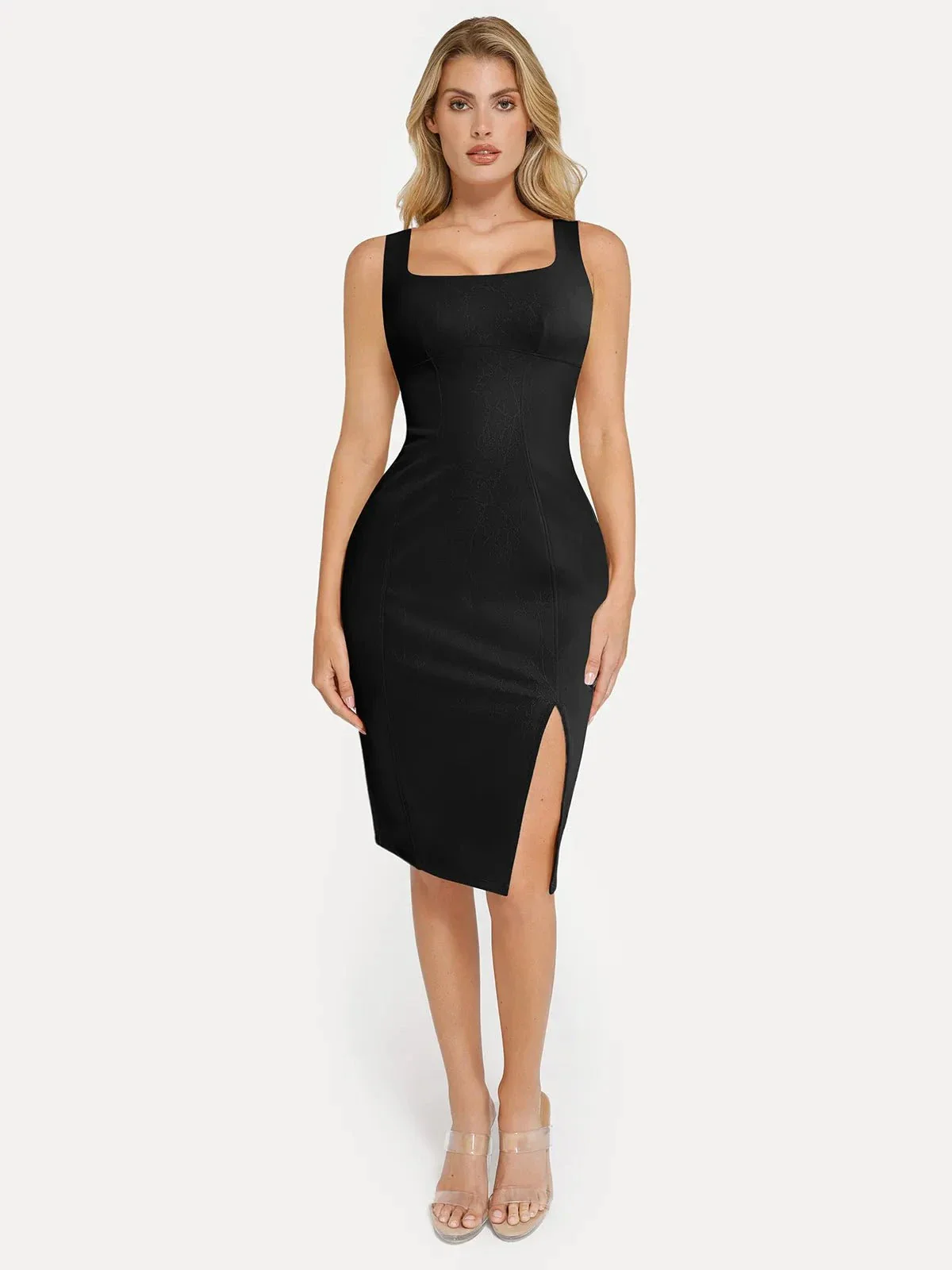 Shapewear Faux Nubuck Bodycon Sculpting Slit Midi Dress - Image 17