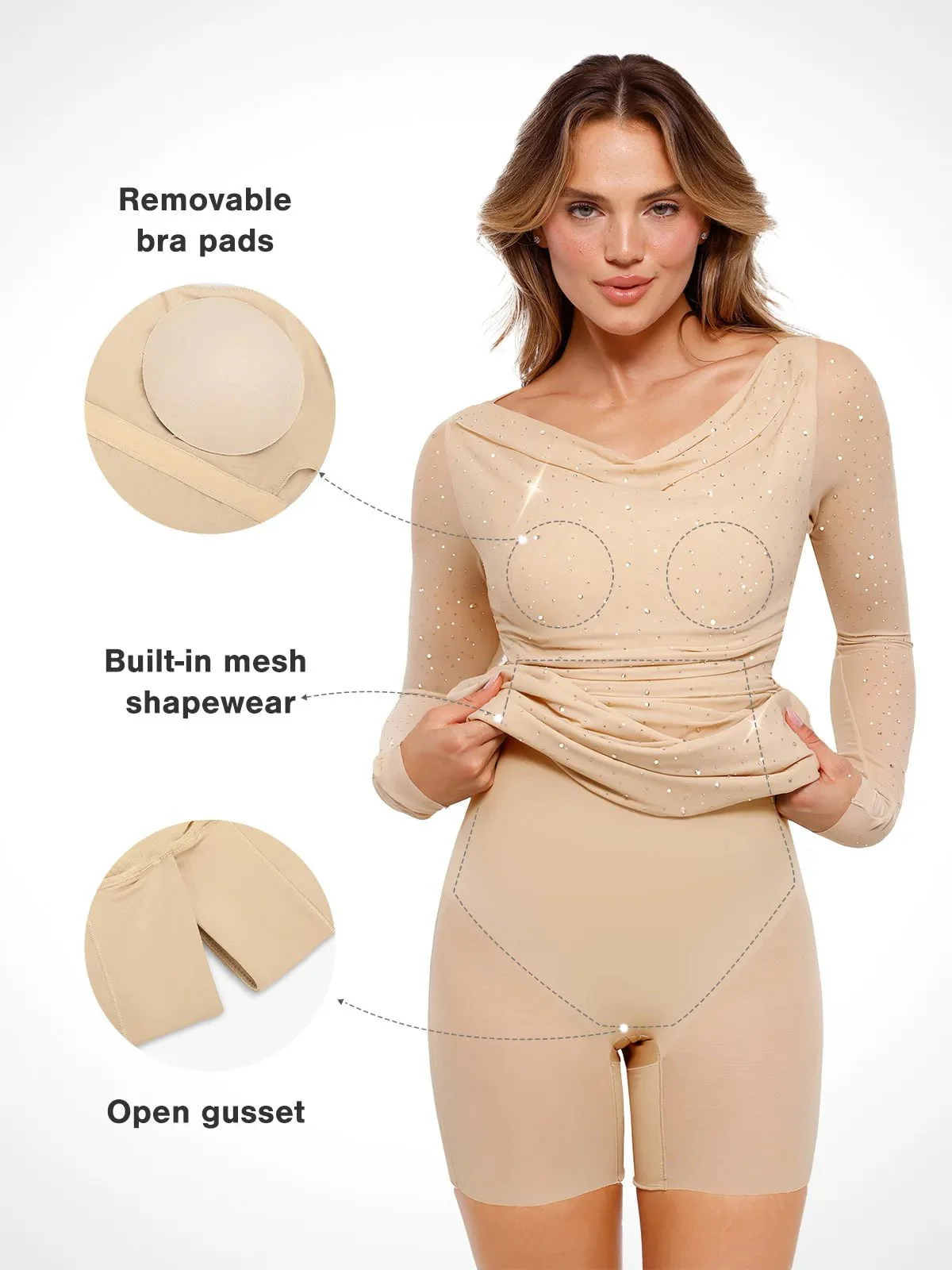 Shapewear Heat-Set Crystal Mesh Long Sleeve Slim Mini Dress - Image 11