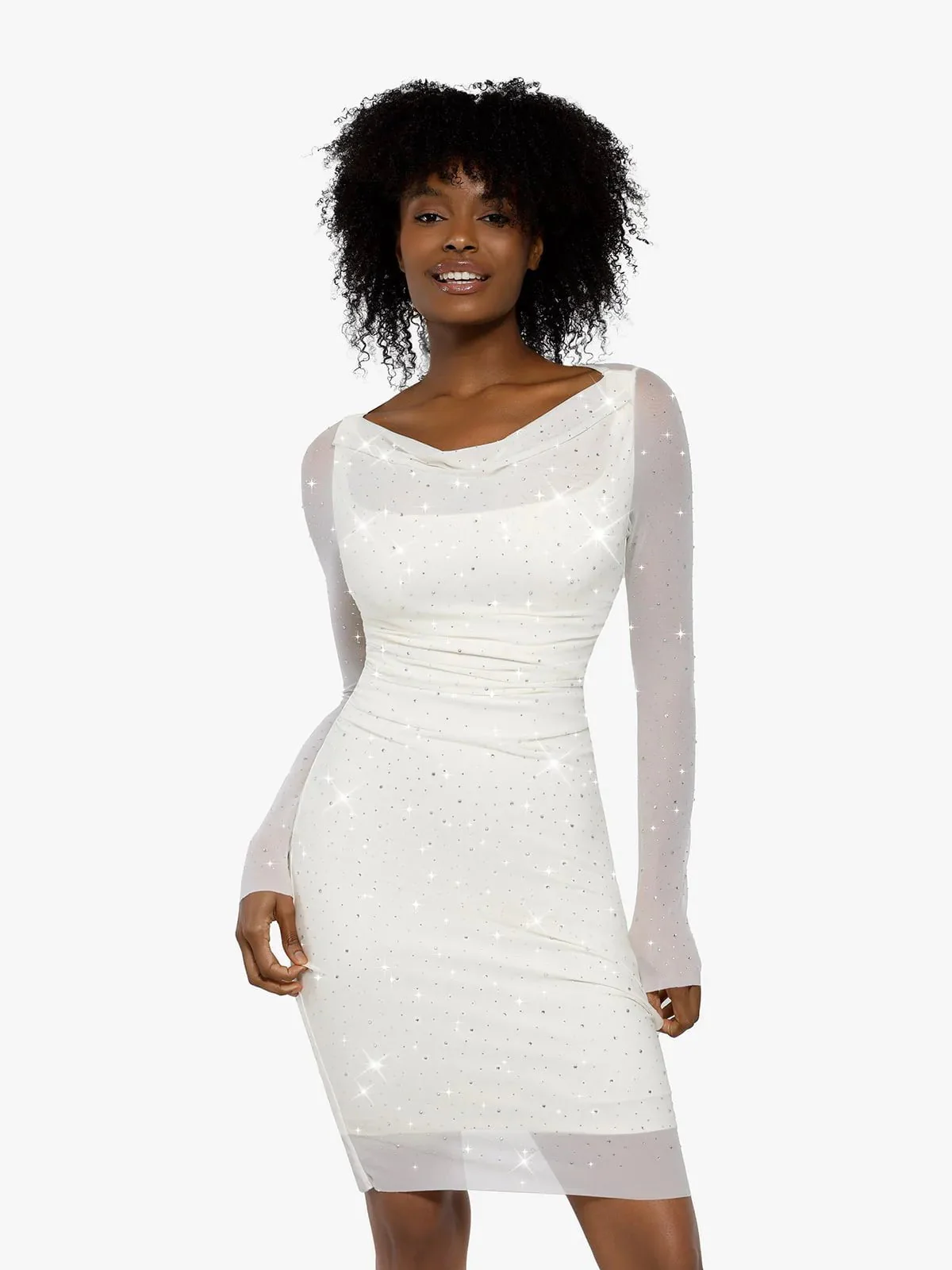 Shapewear Heat-Set Crystal Mesh Long Sleeve Slim Mini Dress - Image 22