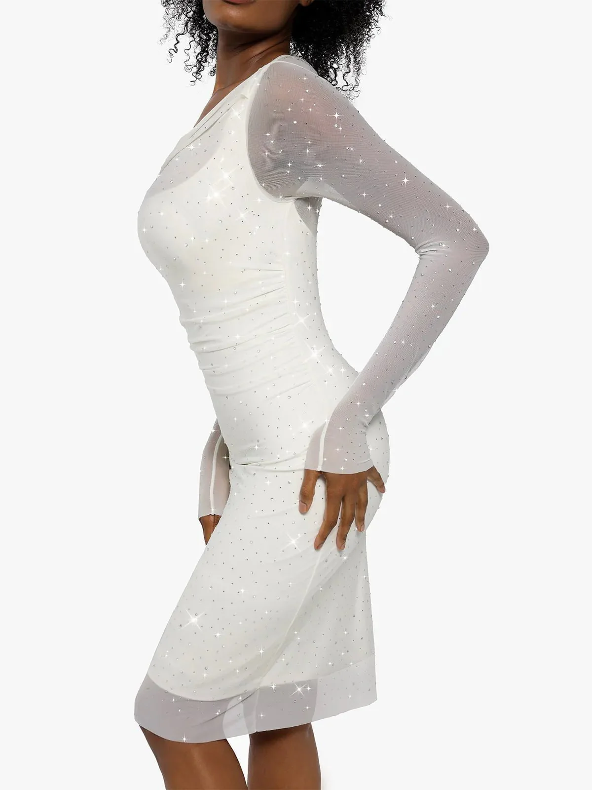 Shapewear Heat-Set Crystal Mesh Long Sleeve Slim Mini Dress - Image 24