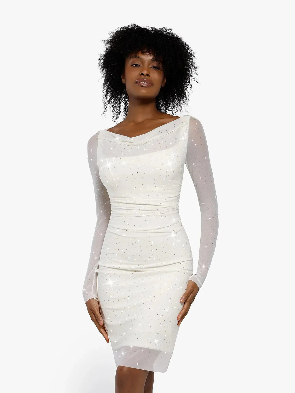 Shapewear Heat-Set Crystal Mesh Long Sleeve Slim Mini Dress - Image 26