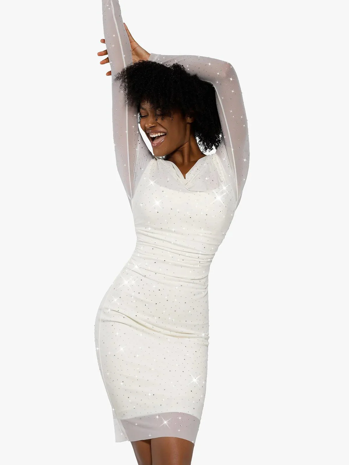 Shapewear Heat-Set Crystal Mesh Long Sleeve Slim Mini Dress - Image 27