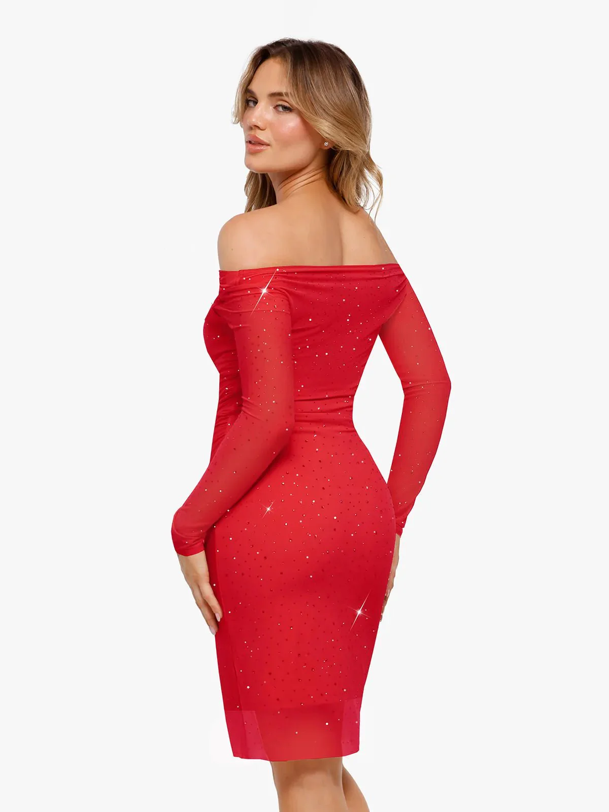Shapewear Heat-Set Crystal Mesh Long Sleeve Slim Mini Dress - Image 3