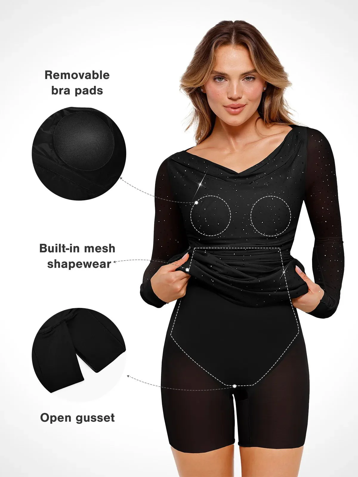 Shapewear Heat-Set Crystal Mesh Long Sleeve Slim Mini Dress - Image 31