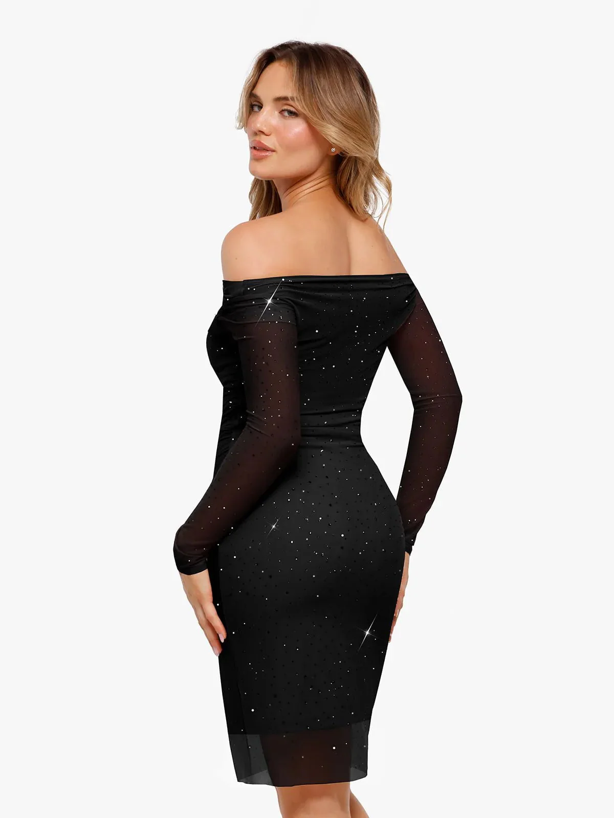 Shapewear Heat-Set Crystal Mesh Long Sleeve Slim Mini Dress - Image 32