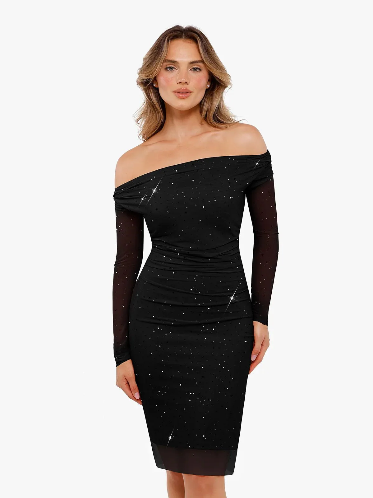 Shapewear Heat-Set Crystal Mesh Long Sleeve Slim Mini Dress - Image 34