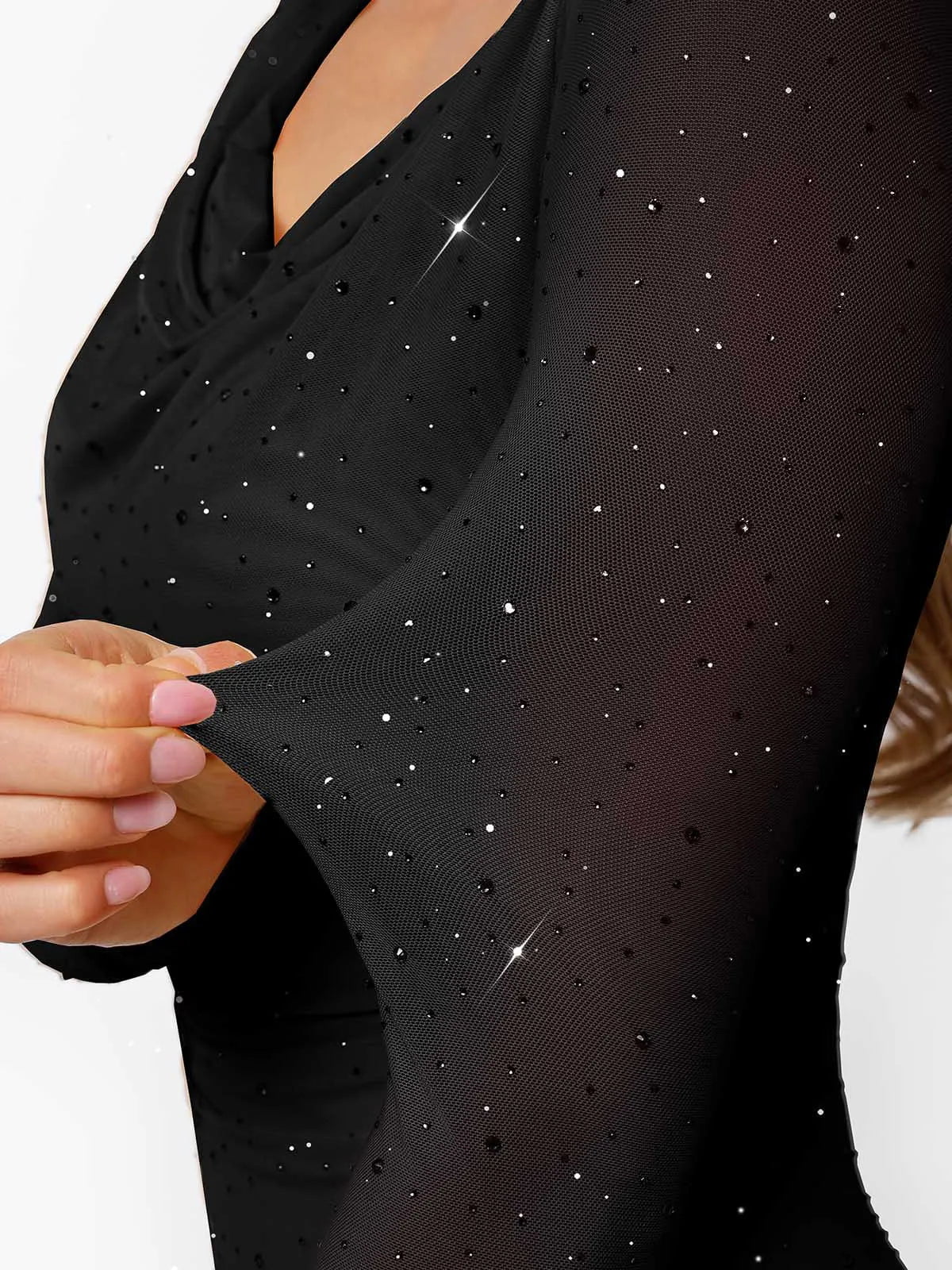 Shapewear Heat-Set Crystal Mesh Long Sleeve Slim Mini Dress - Image 37