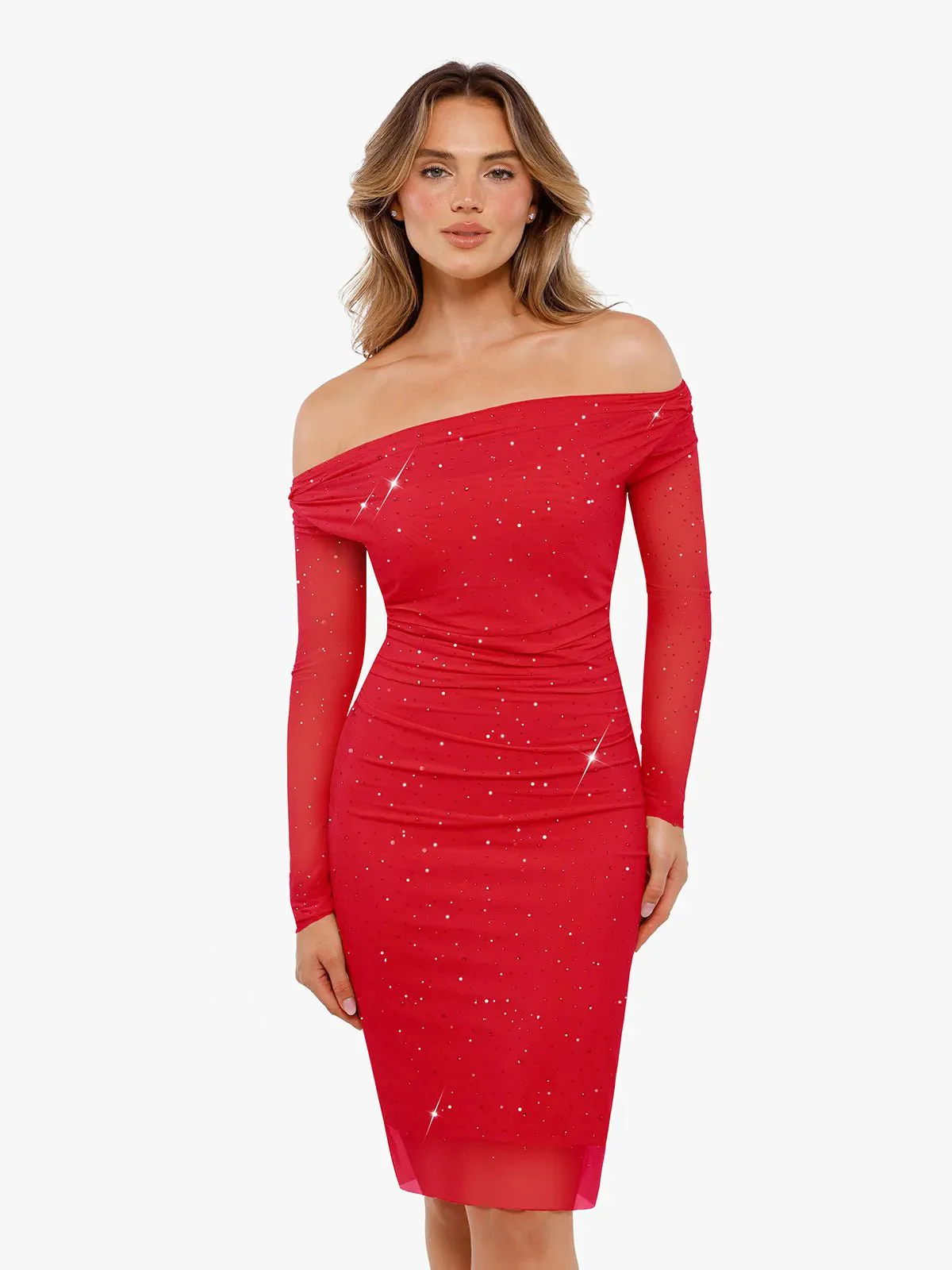 Shapewear Heat-Set Crystal Mesh Long Sleeve Slim Mini Dress - Image 6