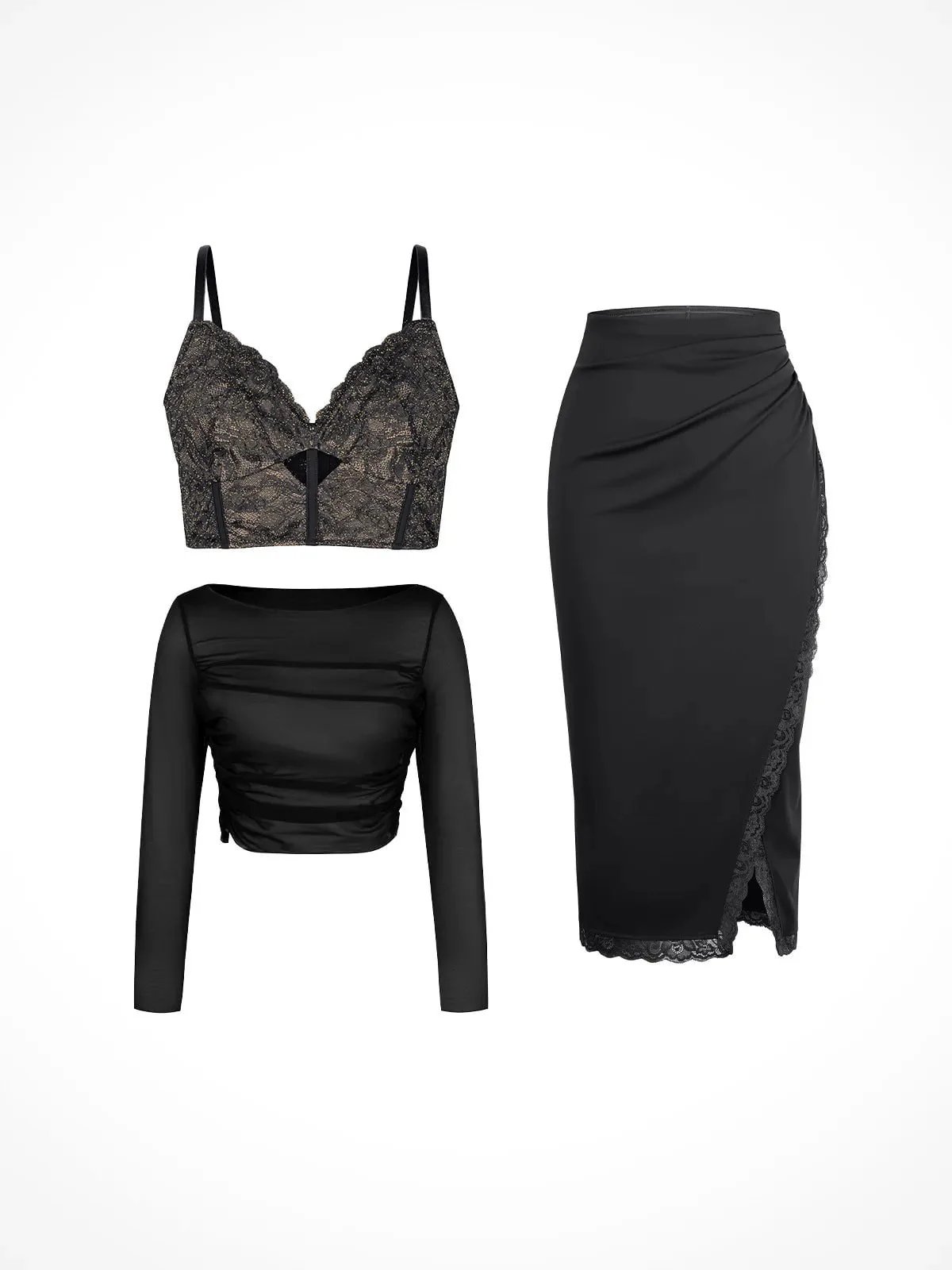 Shapewear Lace Corset Top Split Skirt Mesh Cover-Up Set - Image 5