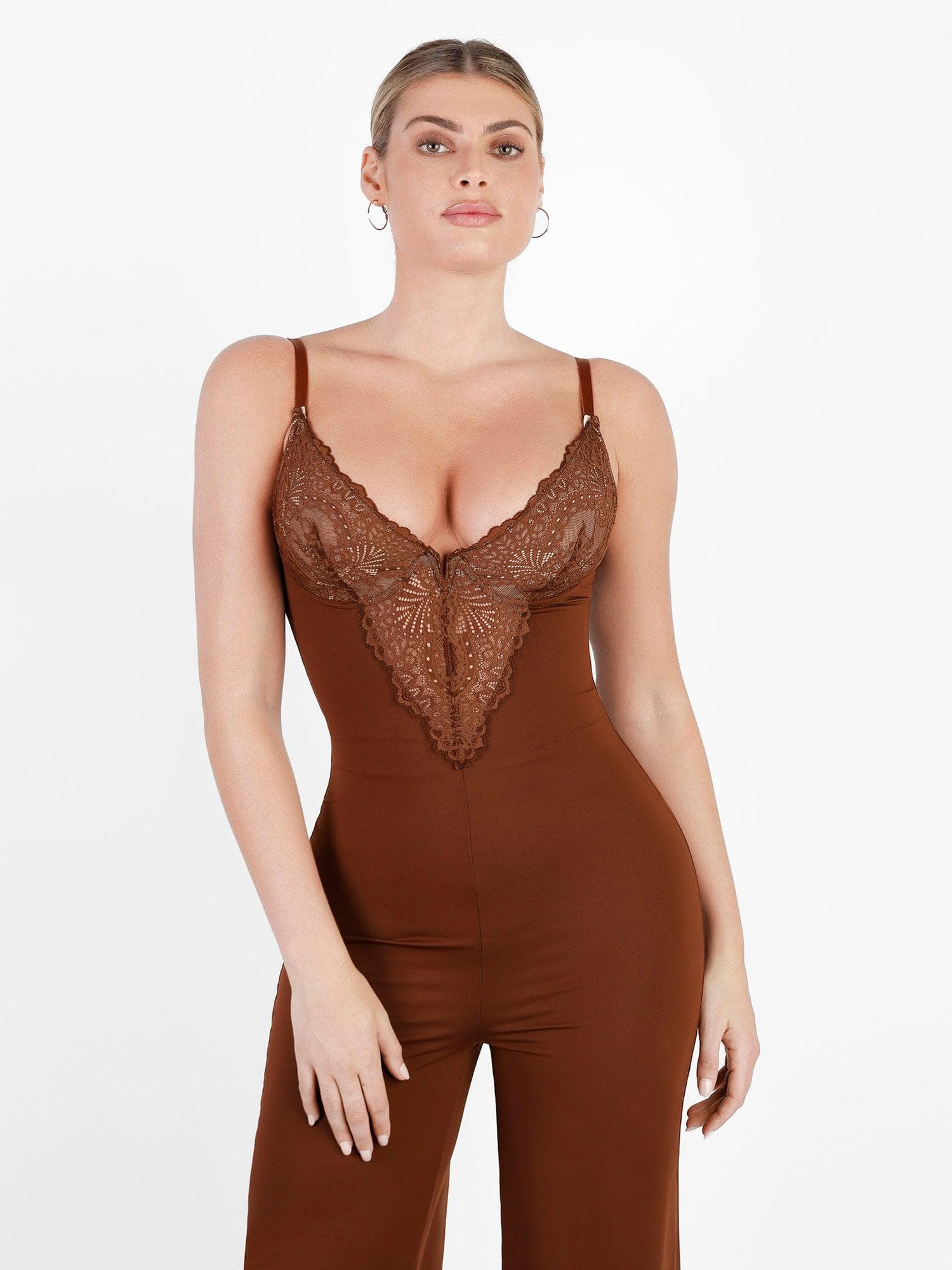 Shapewear Lace Deep V-Neck Sculpting Wide Leg Jumpsuit - Image 3