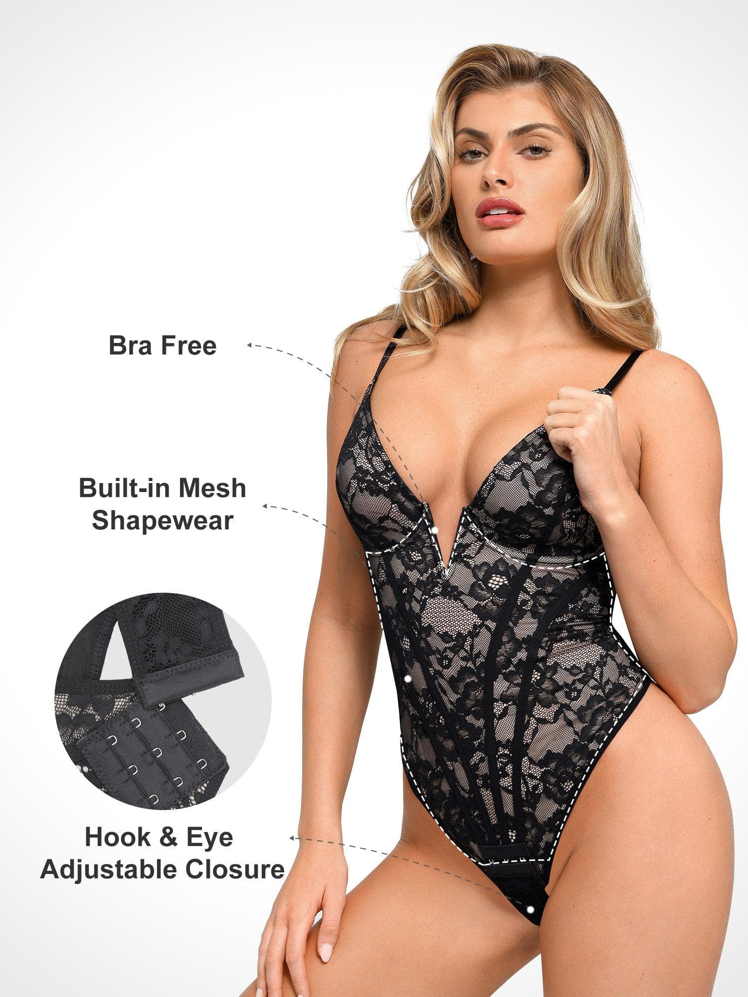 Shapewear Plunging V-Neck Lace Hourglass Corset Bodysuit - Image 7
