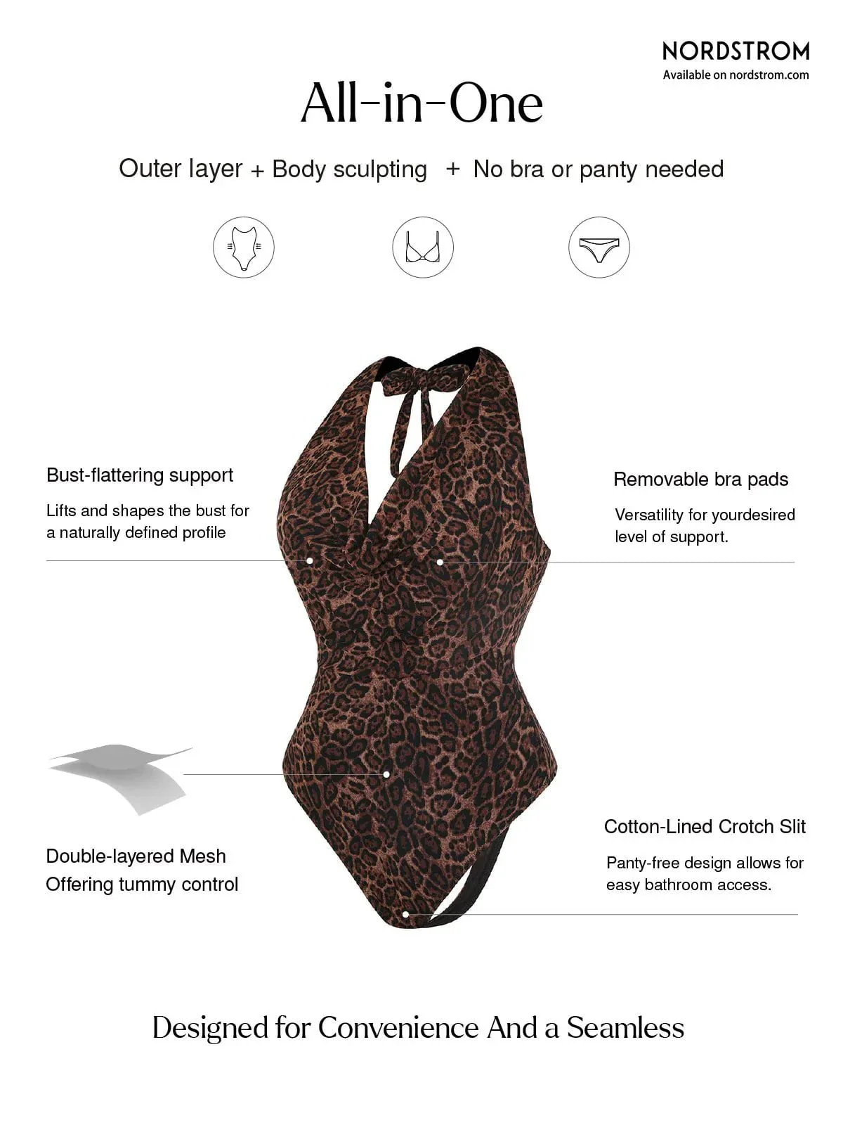Shapewear Leopard Cowl Neck Halter Tummy Control Bodysuit - Image 2