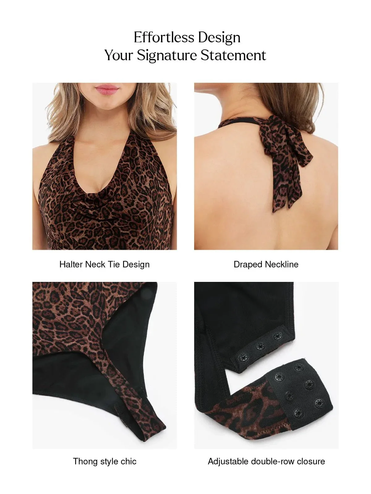 Shapewear Leopard Cowl Neck Halter Tummy Control Bodysuit - Image 3
