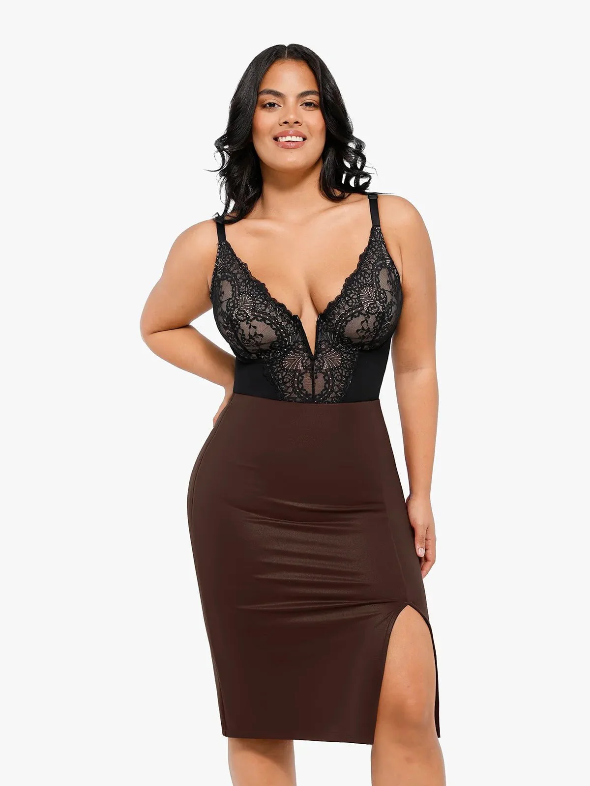Shapewear Lace Deep-V Neck Bodysuits or Faux Leather Skirts - Image 33