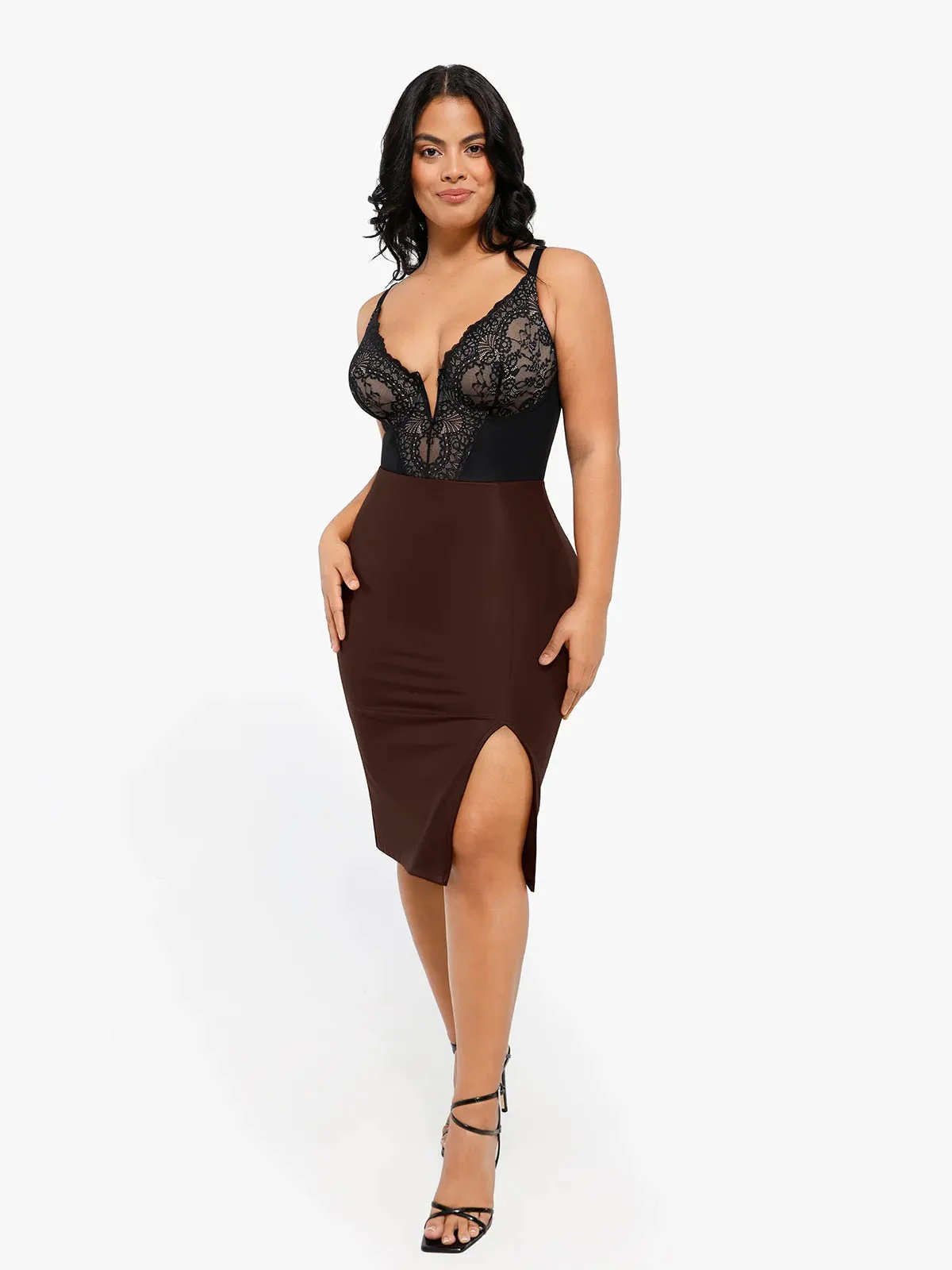 Shapewear Lace Deep-V Neck Bodysuits or Faux Leather Skirts - Image 34