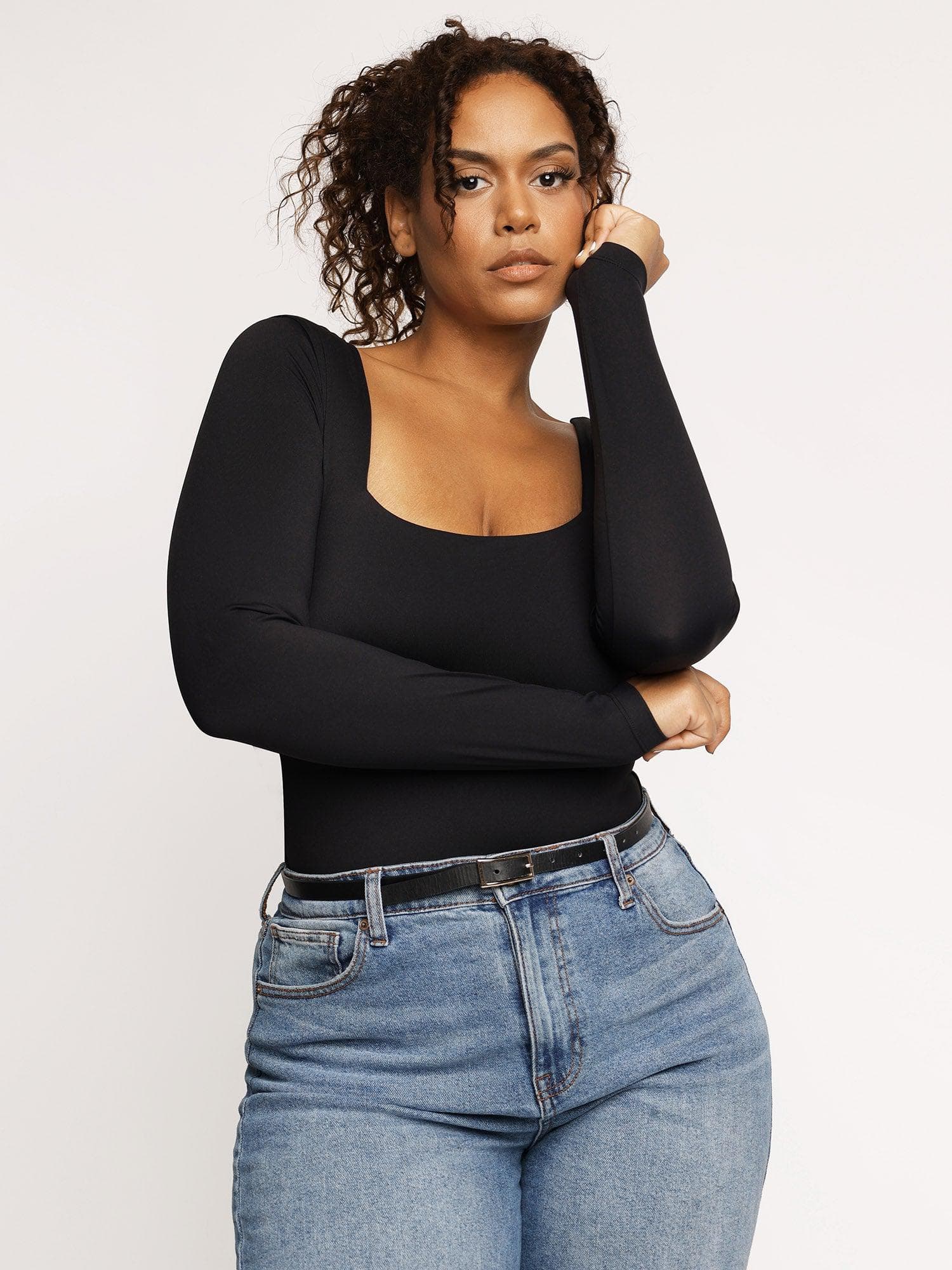 Shapewear Long Sleeve Sculpting Bodysuit Leather Midi Skirt Set - Image 6