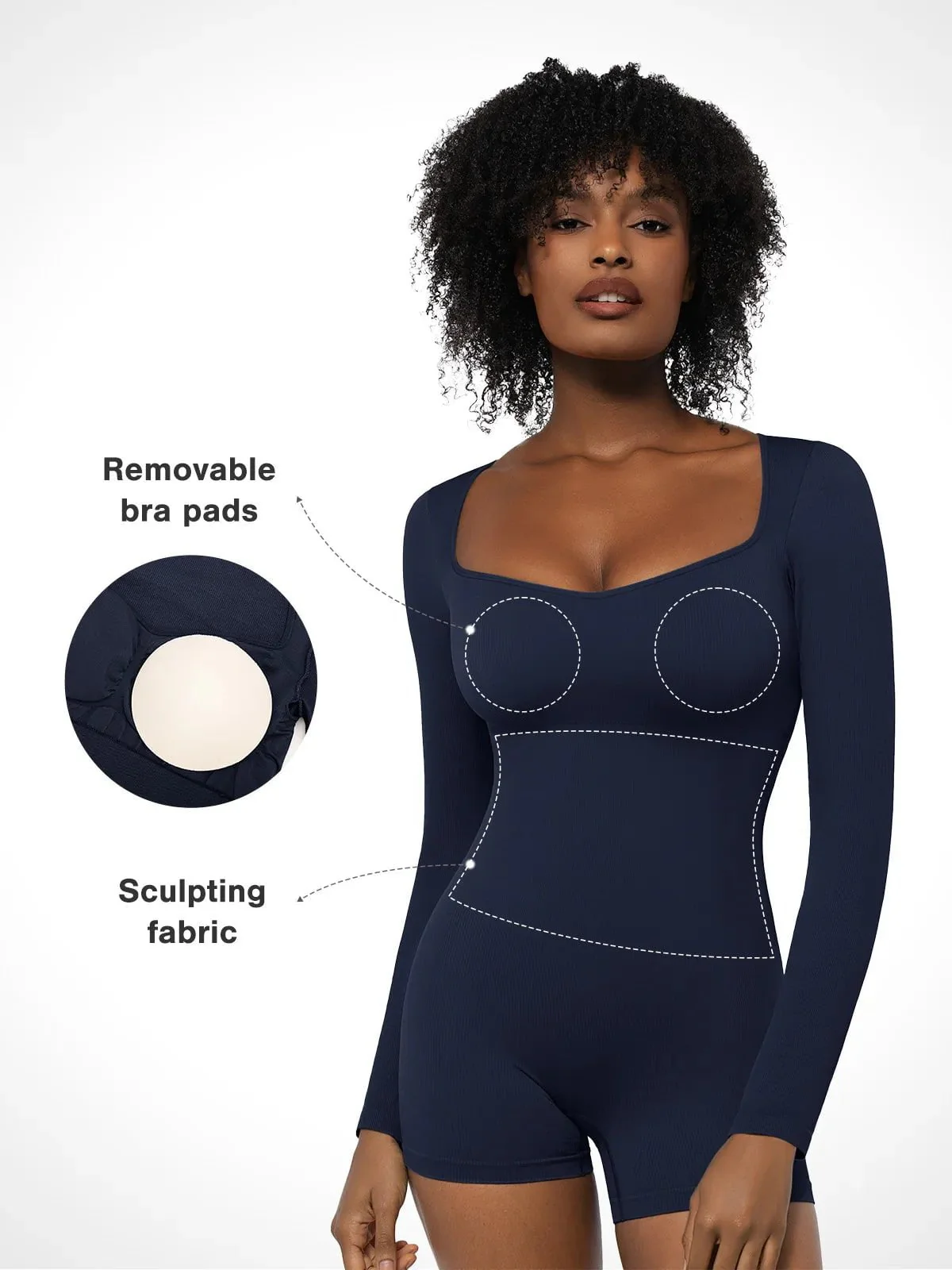 Shapewear Long Sleeve Sweetheart Neck Tummy Control Romper - Image 10