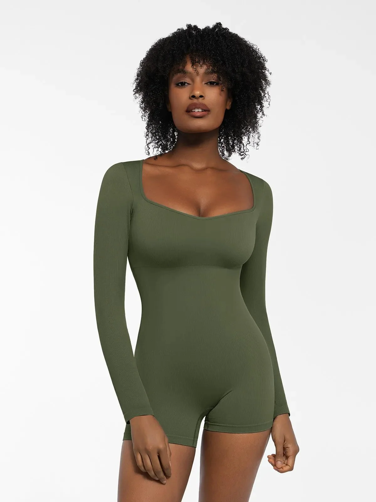 Shapewear Long Sleeve Sweetheart Neck Tummy Control Romper - Image 13